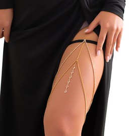 Bohemian Rhinestones Leg Chain Jewelry Crystal Elastic Tassel Thigh Chain Summer Multilayer Thigh Chain Rhinestones Thigh Body Chain Jewelry for Women (Heart-Gold)
