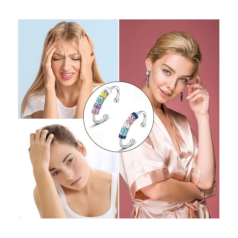 2 Pcs Stainless Steel Finger Rings,Multicolor Relief Spinner Rings (blue+white)