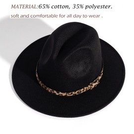 HUDANHUWEI Women's Wide Brim Felt Fedora Panama Hat with Leopard Belt Buckle Y-Black & Leopard