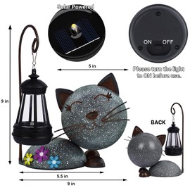 Glintoper Solar Garden Statue Cat Figurine with Lantern, Outdoor Metal Kitten Whimsical Lawn Porch Yard Art, Mothers Day Ideal Gifts, Lighted Ornaments for Patio Pathway Yard Decoration