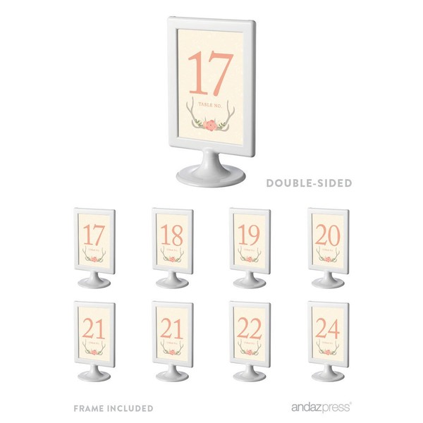 Andaz Press Woodland Deer Wedding Collection, Framed Table Numbers 17 - 24 on Perforated Paper, Double-Sided, 4 x 6-inch, 1 Set, Includes Frames