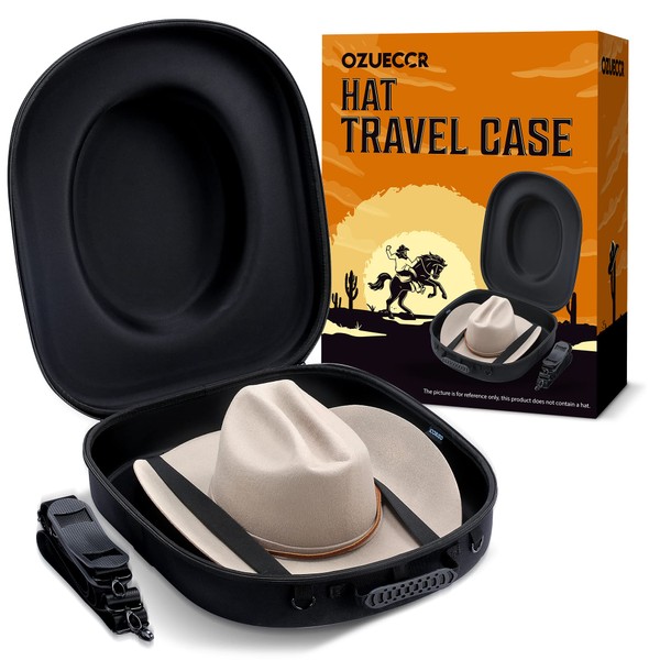 Ozueccr Cowboy Hat Holder for Travel – Crush Proof Hat Carrier Case for Travel Protects up to 2 Cowboy, Panama & Tweed Hats – Equipped with a Carrying Handle, Shoulder Strap & Luggage Strap - Large