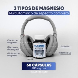 Triple Magnesio con 60 Cápsulas de 700mg | Combinacion de Citrato de Magnesio, Gluconato y Glicinato de Magnesio | Magnesio Glicinato con Espirulina y Vitamina D3 | 100% Natural, Sin Gluten | MULTIBLUE