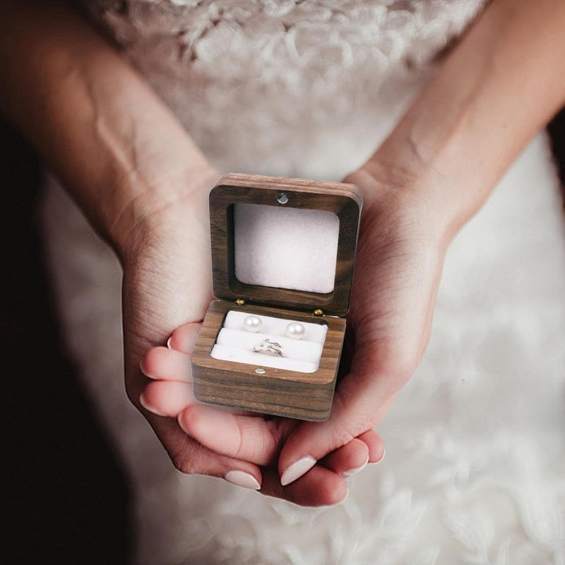 Wedding Ring Box - Wooden Retro Engagement Ring Holder Mini