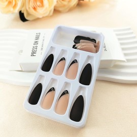 Black Press on Nails Almond Medium Fake Nails Press ons with Golden Lines Black Oblique French Designs Glue on Nails Matte Full Cover Acrylic False Nails for Women Girls 24 Pcs