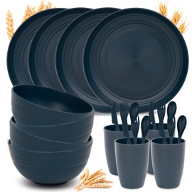 Wheat Straw Dinnerware Sets for 4 - GreenChoice Lightweight & Unbreakable Dishes Microwave & Dishwasher Safe Perfect for Camping, Picnic, RV, Dorm Plates, Cups and Bowls (Blue)