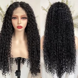 X-TRESS Lace Front Wigs Deep Wave Wigs Natural Black Glueless Lace Synthetic Curly Wigs for Black Women Pre Plucked Hairline with Baby Hair 26 Inch FD19725586