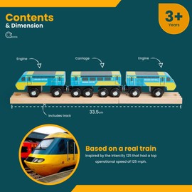 Bigjigs Rail Intercity 125 Train - Heritage Wooden Trains, 3 Carriages with Magnetic Couplings & 2 Track Pieces, Realistic Railway Track Accessories, Classic Toys For Kids, 3+ Year Olds