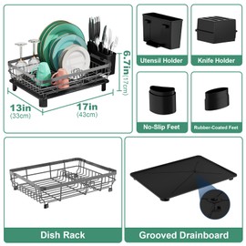MOUKABAL Dish Drying Rack, Dish Rack, Large Dish Racks for Kitchen Counter, Drying Rack Kitchen with Removable Utensil Holder, Drainboard (Grey/Gray)