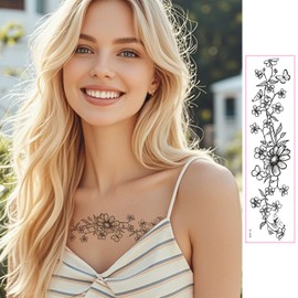 Floral Temporary Tattoos Long Black Butterfly Wild Flower Waterproof Fake Tattoos 10 Sheets Body Art Stickers for Women