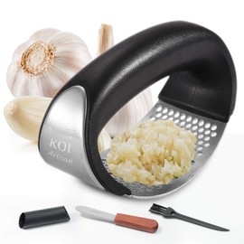 KOI ARTIASN Garlic Press Stainless Steel - Garlic Crusher Rocker Press with Garlic Peeler Wood Congenial Handle
