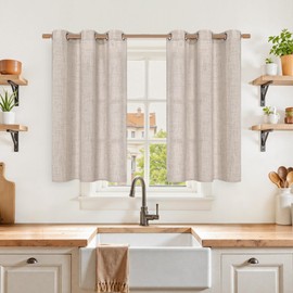 YoungsTex Short Linen Curtains 40 Inch Length for Kitchen Windows - Semi Sheer Drapes Light Filtering Textured with Bronze Grommet Rustic Natural for Bedroom Cafe Bathroom, 2 Panels, 42 X 40 Inch