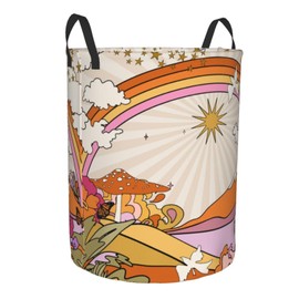 Vintage 70s Hippie Landscape Psychedelic Laundry Basket Waterproof Oxford Fabric Foldable Laundry Hamper Round Portable Dirty Clothes Storage Basket Toy Bin for Bedroom Bathroom College Dorm