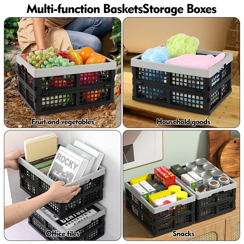 Parlynies 15 L Plastic Stackable Storage Crates, Folding Storage Basket,