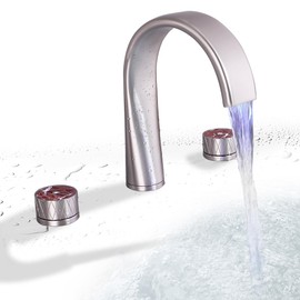 SKOWLL Waterfall Bathtub Faucet Brushed Nickel, Brass Bath Tub Faucet Set 3 Hole High Flow Roman Tub Faucet 2 Handle Deck Mount Bathtub Faucets Widespread with 360 Swivel Spout LED