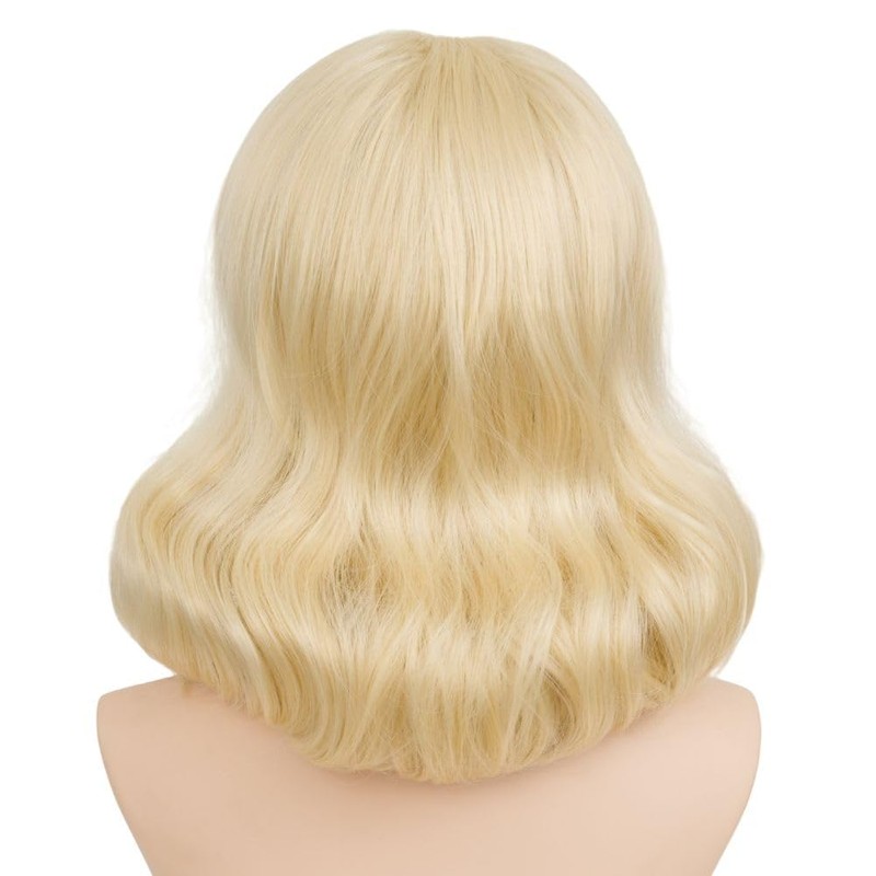Blonde Curly Womens Wig Retro Wig with Bangs Shoulder Length