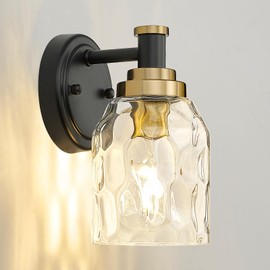zeyu Modern Wall Sconces, 1-Light Sconces Wall Lighting, Industrial Bathroom Vanity Light Fixture with Water Ripple Glass Shade, Black and Gold Finish, ZG33B BK+BG-WG