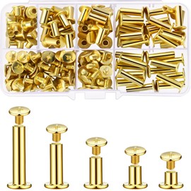 Pangda 80 Sets Chicago Screw Leather Rivets Assorted Kit Chicago Binding Screws 5 Sizes Metal Round Cross Head Stud Screw Post Nail Rivet Button for DIY Leather(5 x 6, 10, 12, 15, 18,Gold)