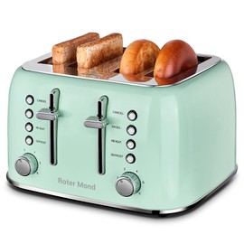 Roter Mond Toaster 4 Slice Retro Stainless Steel with Extra Wide Slots Bagel, Defrost, Reheat Function, Dual Independent Control Panel, Removable Crumb Tray, 6 Browning Levels, Aqua Green
