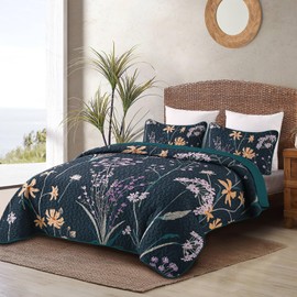 Dobuyly Floral Quilt Set King Size Dark Green Botanical Bedspread Coverlet Set 3 Pieces Soft Lightweight Microfiber Flower Quilt Bedding Set for All Season, 104"x90"