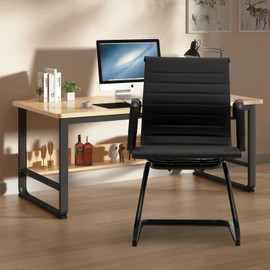 Athena Collection Desk Chairs No Wheels Set of 2, PU Leather Office Guest Chairs with Sled Base Armrest, Side Reception Armchairs for Conference Waiting Room, Black