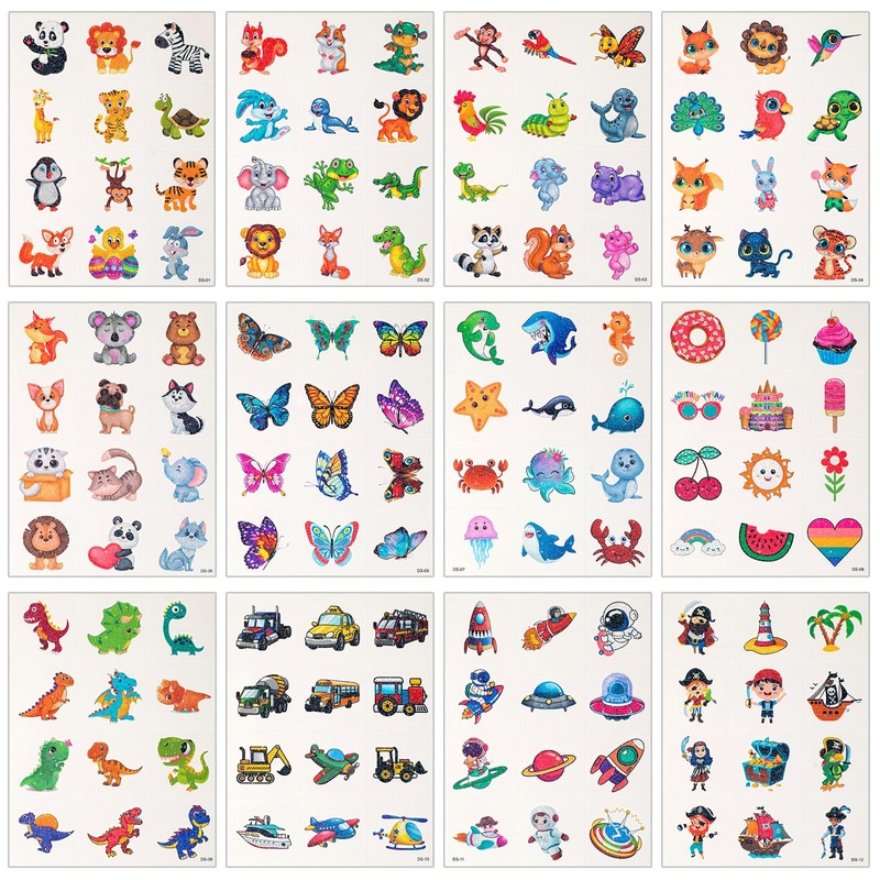 Habett Glitter Temporary Tattoos for Kids, 144PCS Mixed Styles Pre-Cut