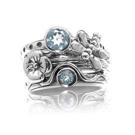 Silvershake Set of 4 Genuine Blue Topaz 925 Sterling Silver Dragonfly and Flower Stack Stackable Rings