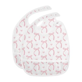 Caikeny Baby Feeding Bibs Pink Ribbon Bow Infant Drooling Bibs Hearts Food Bibs with Pocket for Toddler Girls Boys Set of 2