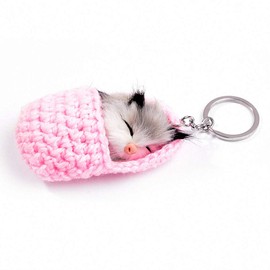 Giwotu Womens Mens Handmade Cute Sleeping Cat Pompom Keychain for Women 4 Colors Woven Shoes Faux Rabbit Fur Key Chain Car Key Rings Pink