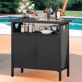 DWVO Patio Storage Cabinet, Outdoor Buffet Cabinet with Two Doors and Shelves, Outdoor Storage Table with PE Rattan for Patio, Backyard, Garden - Black