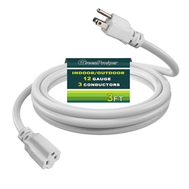 3 FT 12 Gauge Extension Cord Outdoor, Heavy Duty Weatherproof & Flame Retardant White 3 Prong Power Cord, Outside for Garden & Lawn, 15 Amps 1875 Watts 125 VAC 12AWG SJTW, UL Listed