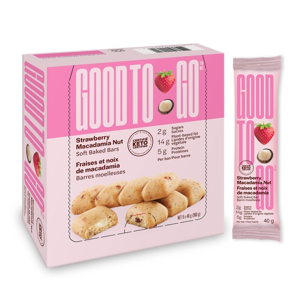 GOOD TO GO Strawberry Macadamia Soft Baked Bars, 40g x 9 Bars; Non GMO, Certified Keto, Grain Free, Peanut Free, Gluten Free, B-Corp