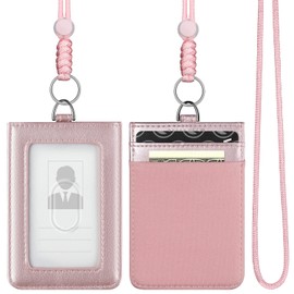 VULKIT ID Badge Holder with Lanyard for Women and Men Vertical Leather Badge Holder with Clear ID Window Card Holder Slot and Money Pocket