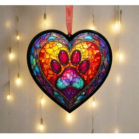 Image Industry Paw Print Stained Glass Effect Heart Suncatcher - Garden Gift - Dog Gift - Pet Memorial (13cm)