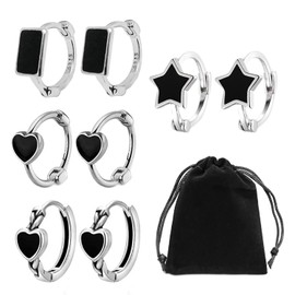 4 Pairs Of Black Huggie Earrings Set, Comes With 1 Storage Bag，Heart Earrings，Hoop Earrings For Women ，Silver Earrings，Copper Earrings，Heart, Rectangular, And Five-Pointed Star Styles, Unisex.