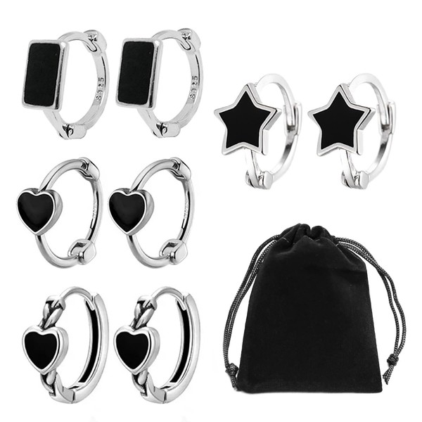 4 Pairs Of Black Huggie Earrings Set, Comes With 1
