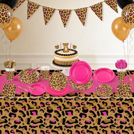 Uiifan 194 Pcs Pink Cheetah Print Party Supplies Leopard Safari Animal Disposable Tableware Set for 24 Guests with Plastic Plates Spoons Forks Knives Cups Tablecloth Napkins for Birthday Party