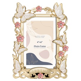 FIHOO 4x6 inch Picture Frame Butterfly Design Spring Style Metal Photo Frame with High Definition Glass Antique Display Holder for Tabletop (White Butterfly)