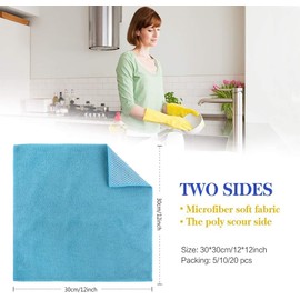 SINLAND 5 Color Assorted Microfiber Dish Cloth Kitchen Cloths Cleaning Cloths with Poly Scour Side 12"x12" 5Pack