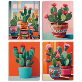 ERTOSKA Colorful Cactus Wall Art, 4 Pieces Modern Abstract Botanical Canvas Prints, Southwest Desert Theme Home Decor, 8x10 Inch Unframed