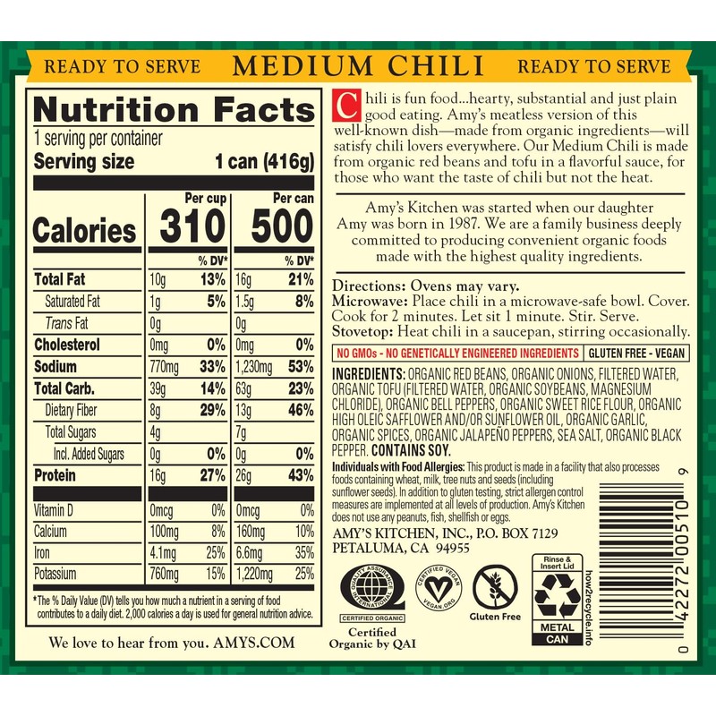 Amy's, Chili, Gluten Free, Vegetarian, Organic, Medium Spice, Jalapeño Pepper,