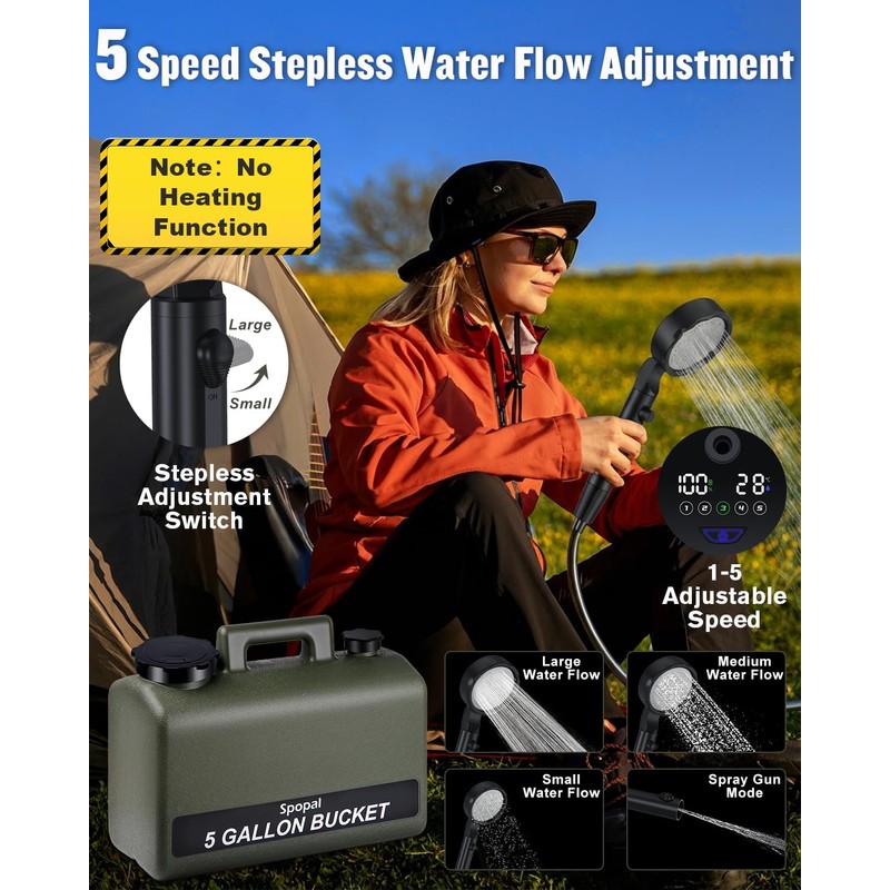 Spopal Portable Shower for Camping with 5-Gallon Water Jug, 10000mAh