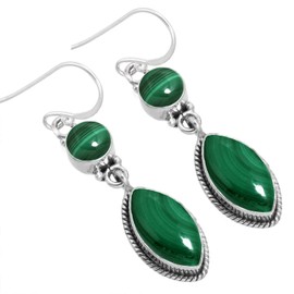 Jeweloporium 925 Silver Earring for Women Silver Earring Green Real Malachite Stone Drop Dangle Solitaire Anniversary - Gift Costume Jewelry