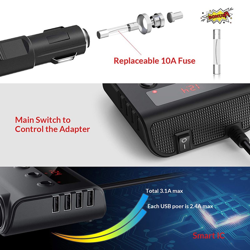 Car Chargers 100W High Power Charging Adapter 3-Socket Power Splitter