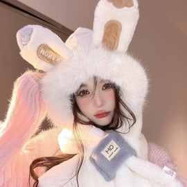 New Winter Cartoon Rabbit Ear Plush Fur Balaclava Hat Scarf lf3735 Free Size/Pink 3ea