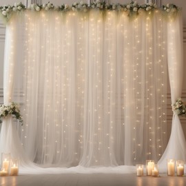 Shillance 30ft x 10ft White Backdrop Curtain with Lights for Parties, Sheer Wedding Photo Backgrounds Tulle Drapes for Baby Shower Birthday Party Decorations Backdrop for Photography