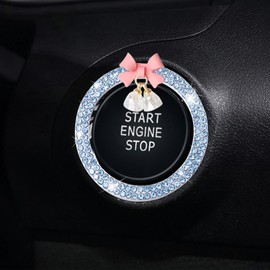 Blue Car Start Button Cover Sticker, Bow Crystal Bell Start Decals, Key Ignition Knob Bling Ring, Automotive Interior Accessories Decoration for Women Girl