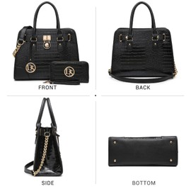 Dasein Women Handbags Top Handle Satchel Purse Shoulder Bag Hobo Bag Work Bag Set 2pcs (Croco Black)