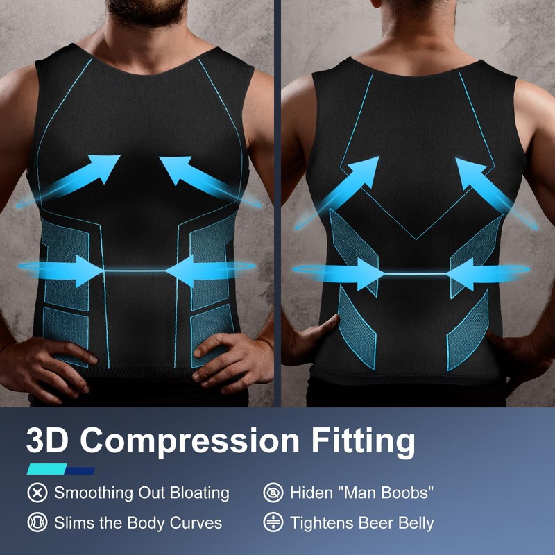 Odoland 3 Pack Men Compression Shirt, Tummy Control Slimming Undershirt