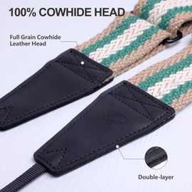 Padwa Lifestyle Adjustable Camera Strap - 2" Top Layer Cowhide Head Camera Straps for Photographers,Soft Cotton Rope Crossbody Strap with Quick Release fits All Cameras - Green White Stripe